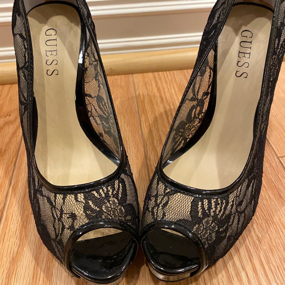 Barely worn black lace Guess platform peep toe heel